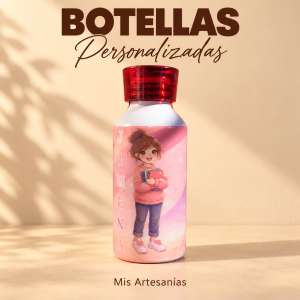Botella personalizada con tapa roja y diseño original Jimena sobre fondo beige.