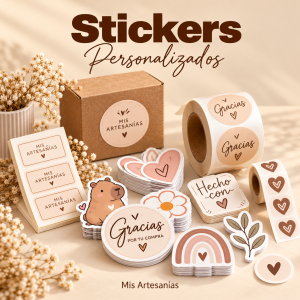 Stickers y etiquetas personalizadas con sus diseños originales sobre fondo beige cálido.