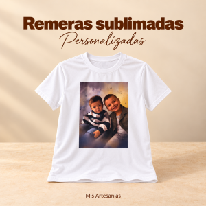 Remera blanca sublimada con fotografía original de dos niños sobre fondo beige cálido.