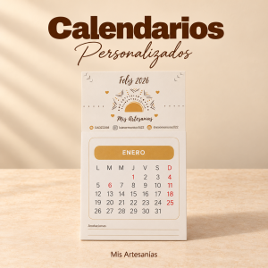 Calendario personalizado de Mis Artesanías sobre fondo beige cálido.