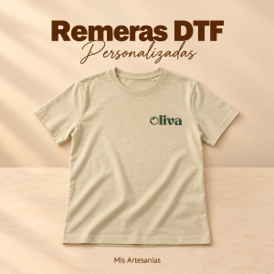 Remera beige personalizada con logo original Oliva verde sobre fondo cálido.