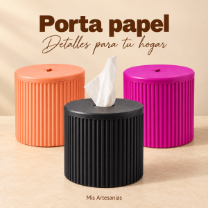 Porta papel acanalados en salmón, negro y fucsia sobre fondo beige cálido.