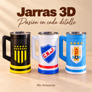 Jarras de 500 ml impresas en 3D con interior metálico: Peñarol, Nacional y Uruguay sobre fondo beige