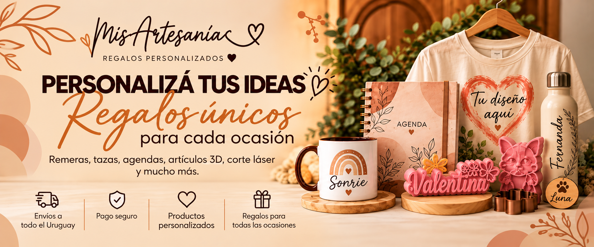 Banner de Mis Artesanías con regalos personalizados en Uruguay: remeras, tazas, agendas y artículos de impresión 3D.